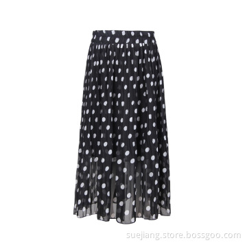 Women Pleated Black Dot Elastic Waist Skirt